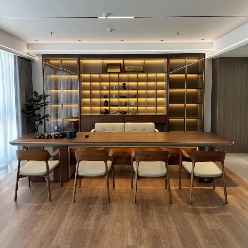 New Chinese solid wood tea table 2026 new high-end kettle integrated embedded tea table North American black walnut