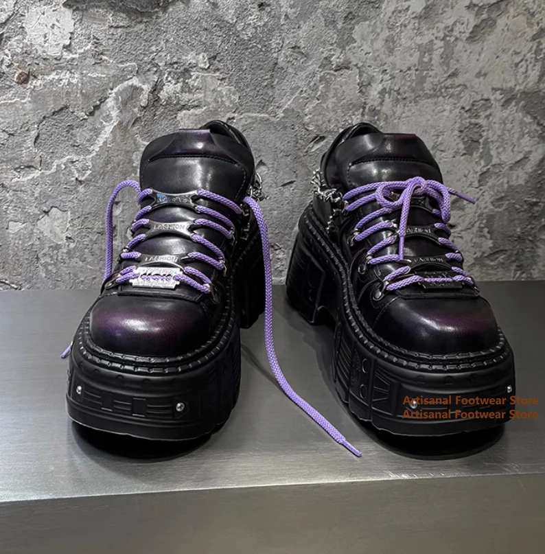 

Punk Style Metal Design Thick Soled Shoes Men's Height Increasing Fashion Shoes Retro High Top Metal Chain Men's Shoes