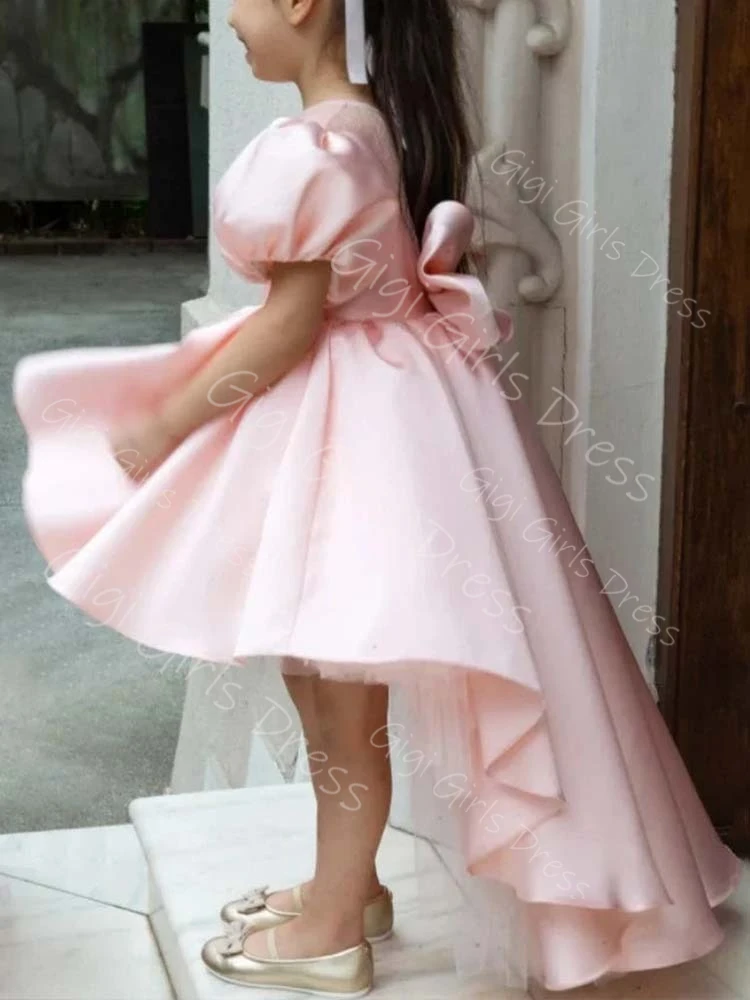

Pink Satin Flower Girl Dress for Wedding Toddlers High-Low O Neck Puff Sleeve Princess Pageant Dress with Bow Custom Ball Gown