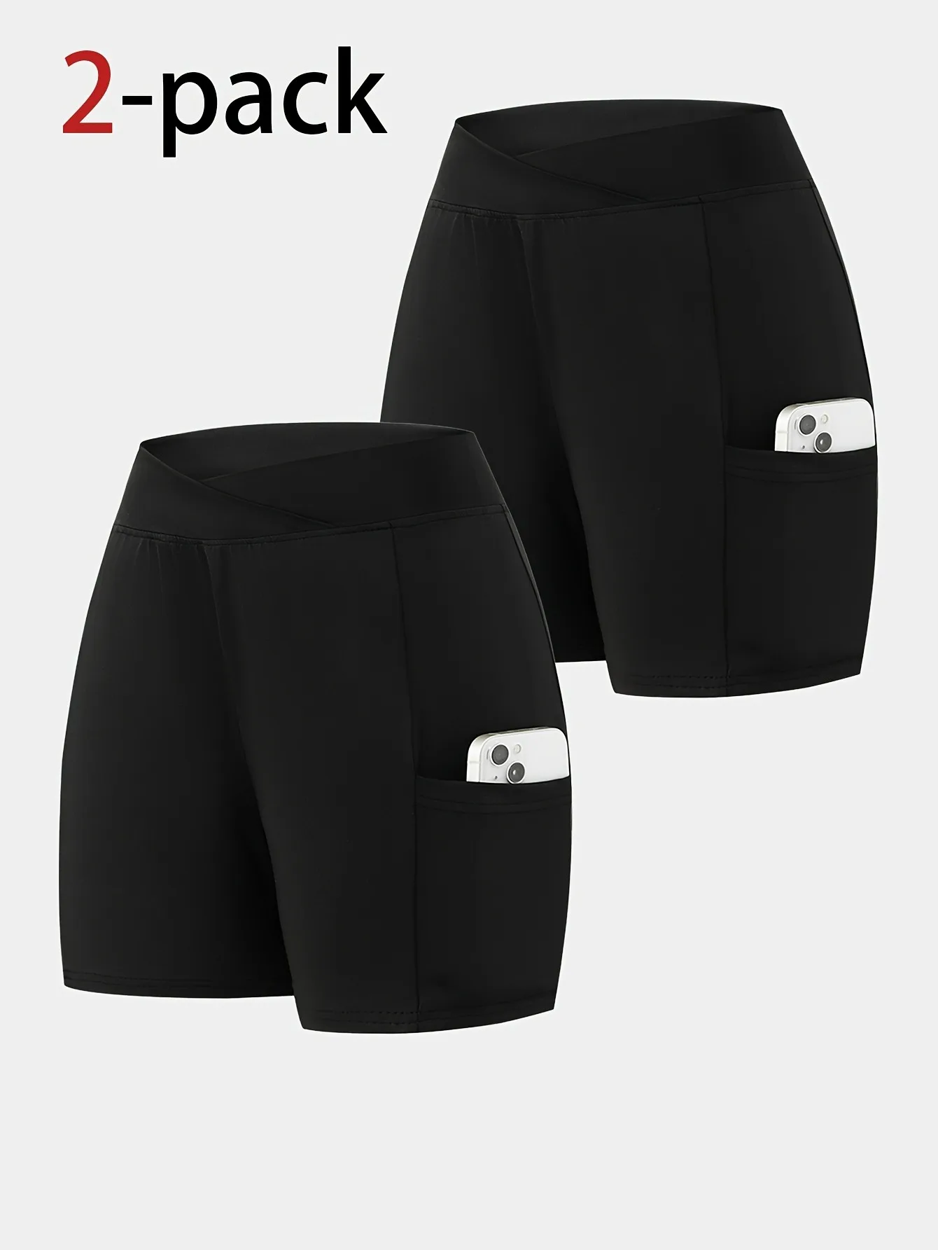2er-Pack Mädchen-Biker-Shorts mit hoher Taille, schwarze, seitliche Handytasche, dehnbare, reibungsarme Sport- und Radlerhosen – Detail 2