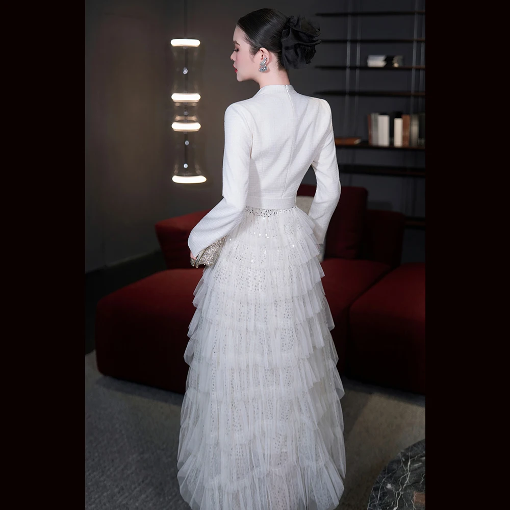 Meyyithun vestido feminino elegante retalhos lantejoulas vestidos lapela manga longa cintura alta emendado em camadas malha festa bolo vestido mx