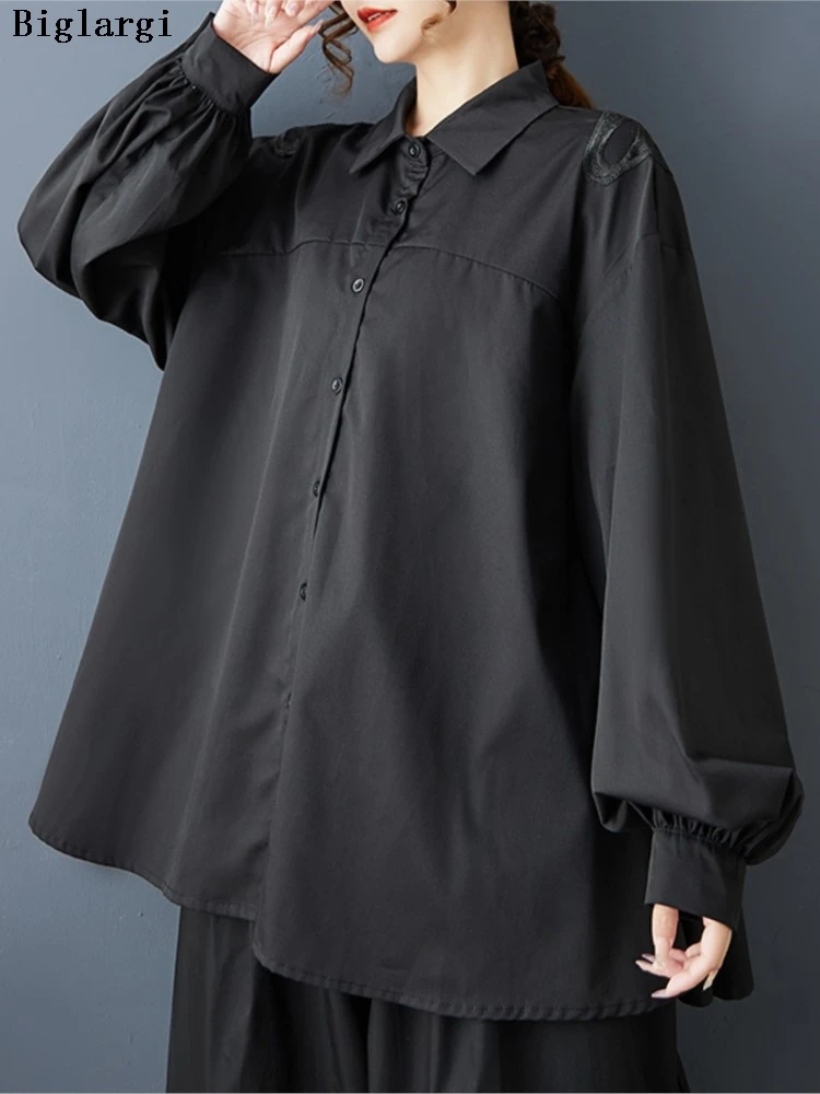 

Oversized Autumn Shirts Women Puff Long Sleeve Fashion Butterfly Hollow Out Patchwork Ladies Blouses Loose Ruffle Woman Shirt