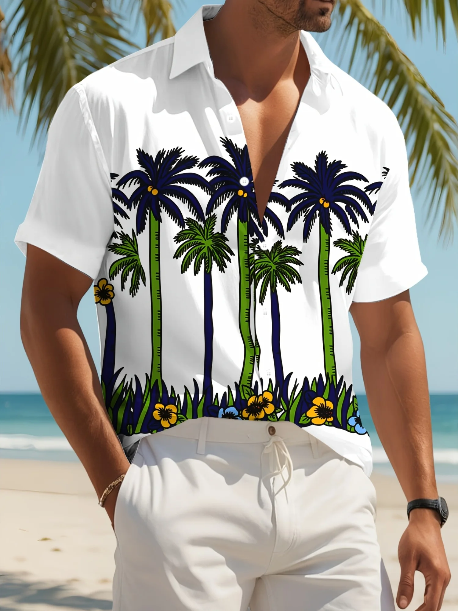Fresh Cartoon Coconut Tree Tropical Flower Hem Full Printed Short Sleeved Shirt, Lightweight, Breathable, Loose Casual Shirt