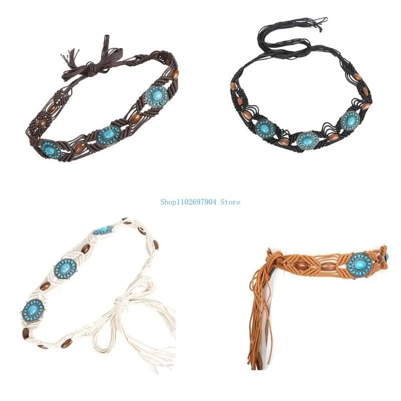 

N7YF Fashion Womens Braided Tassels Belt Girls Thin Waist Rope Knit Belts For Dress