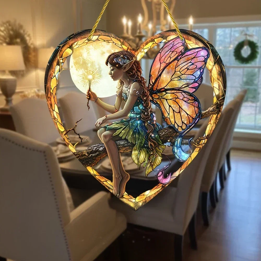 1PCS Magical Fairy Magic Night Fairy Suncatcher Stained Glass Acrylic Heart Wall Hanging Home And Garden Outdoor Decorative