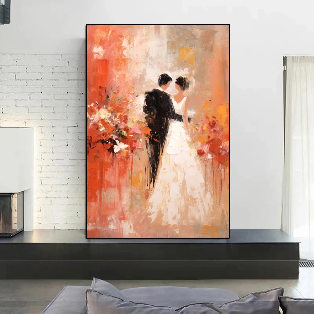 1PC Modern Abstract Wedding Scene Print Canvas Painting,Happy Newlywed Couple Poster Wall Art,For Living Room Bedroom