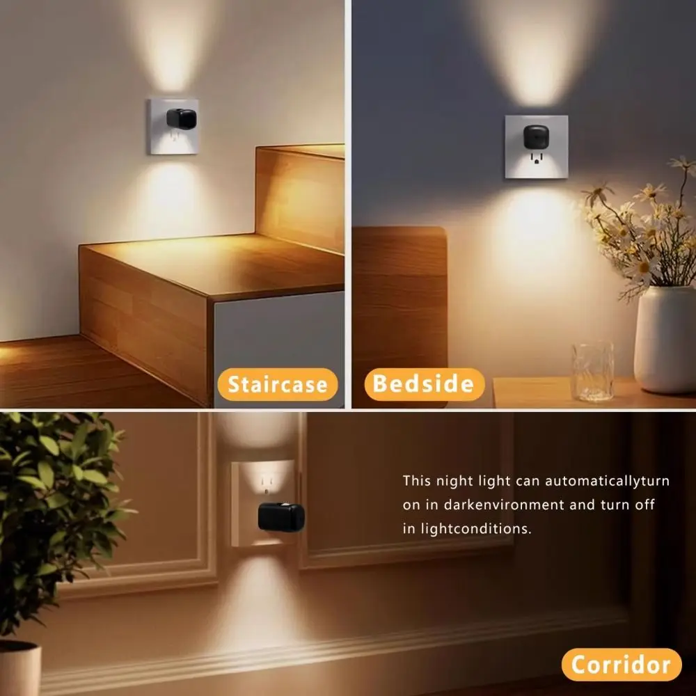 Auto Light Sensor LED Night Light Eye-Friendly Soft Glow ABS Plug-In Wall Lamp Easy Plug-In Installation Energy Efficient