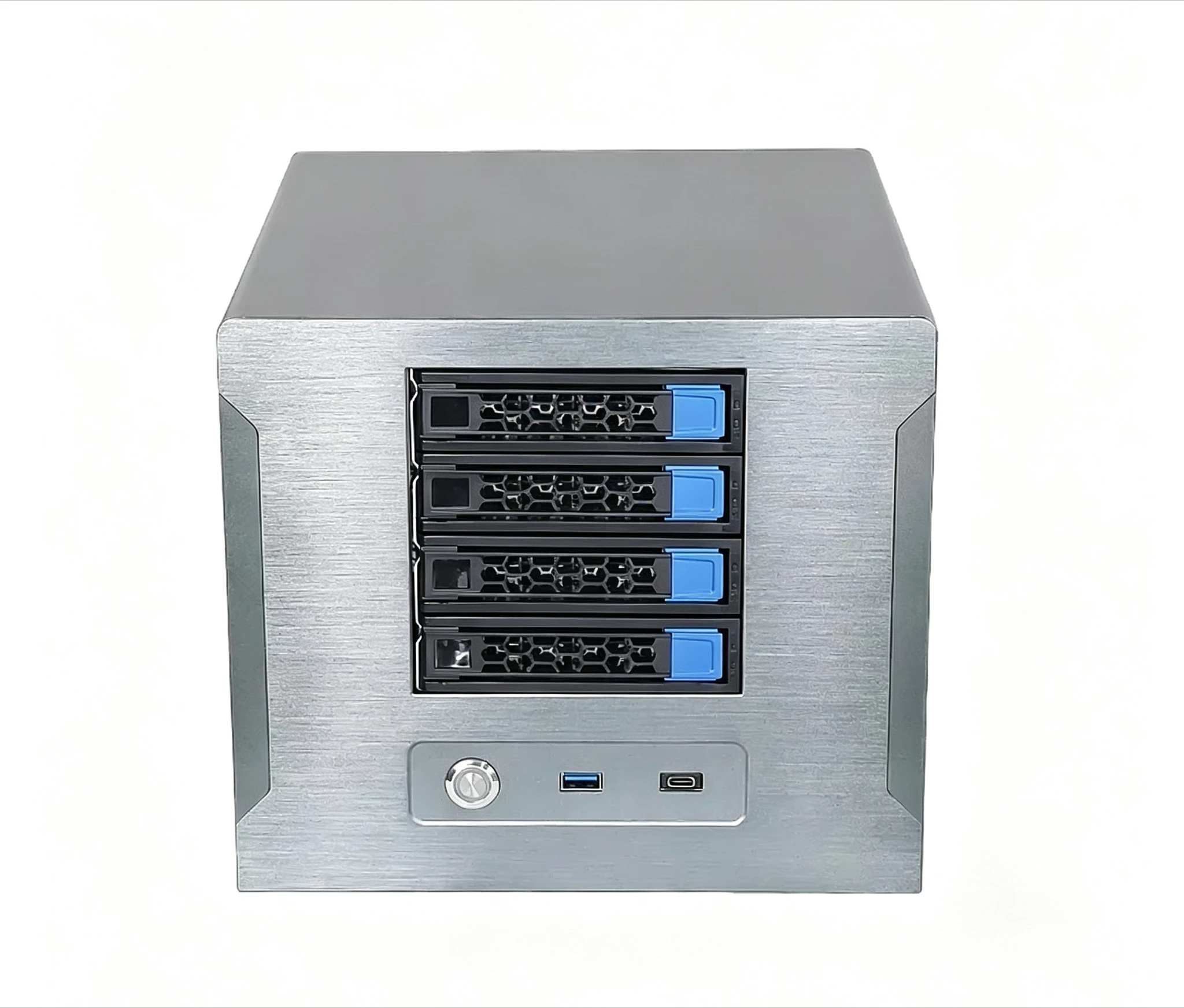 4-Bay NAS Storage Server Case, Mini-ITX Tower Chassis, Steel Housing with Front USB Type-C Interface & Cooling Fan