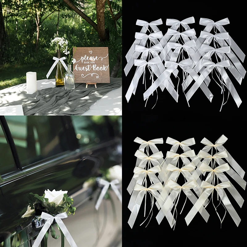 50Pcs/pack White Wedding Car Decoration Antenna Bows Gift Wrap Satin Ribbon Bow Birthday Party Chairs Decoration Bowknots White