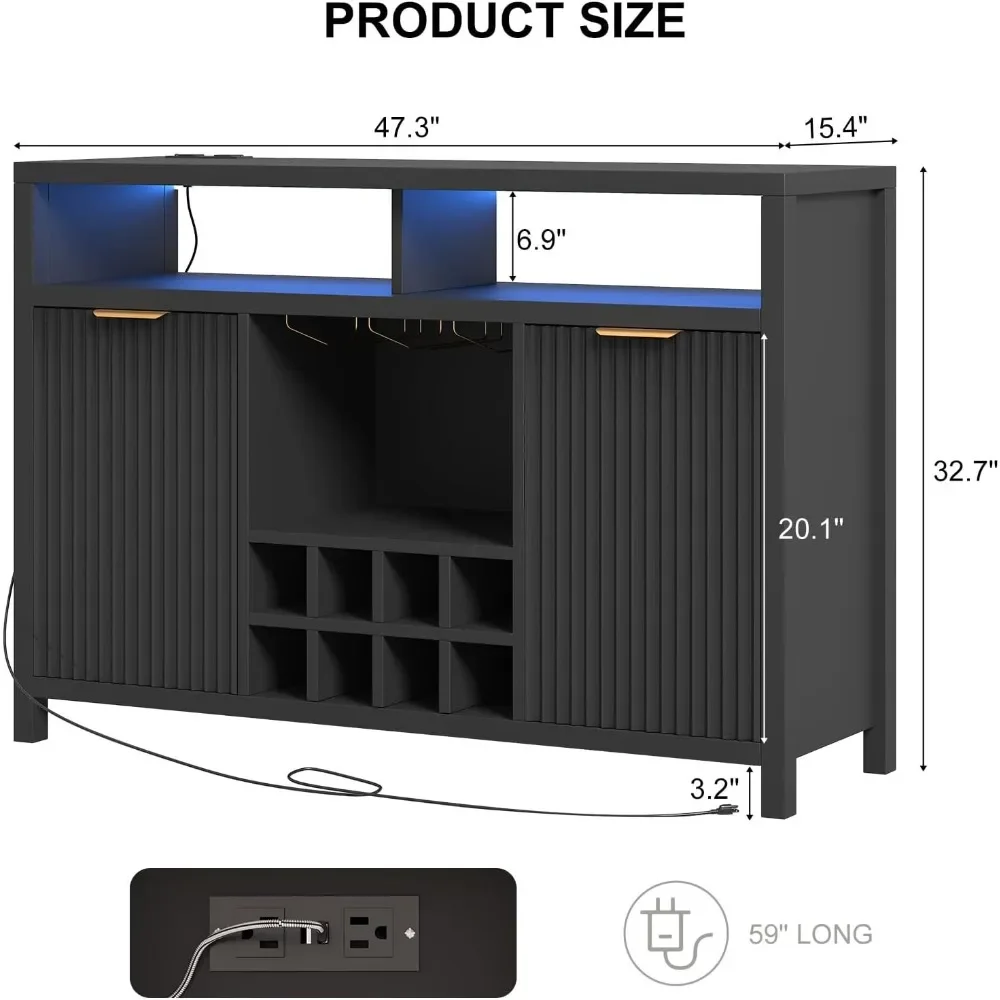 Gecanneleerde Home Bar-wijnkast met LED-licht, laadstation, wijnrek - buffetkast met opbergruimte, barkast