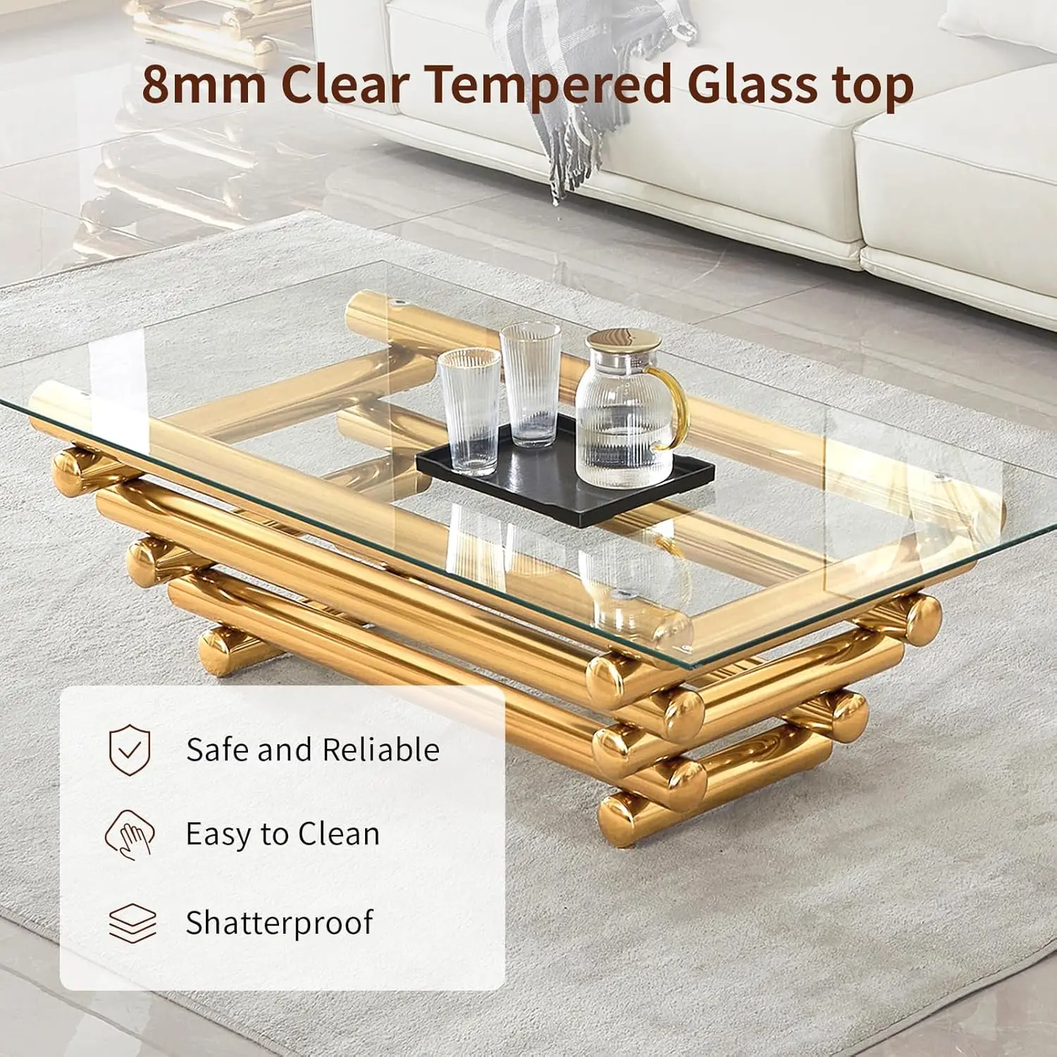 Coffee Table Set Of 2, Modern Gold Coffee Tables For Living Room, Easy Assembly Easy Clean, Tempered Glass With, Customized