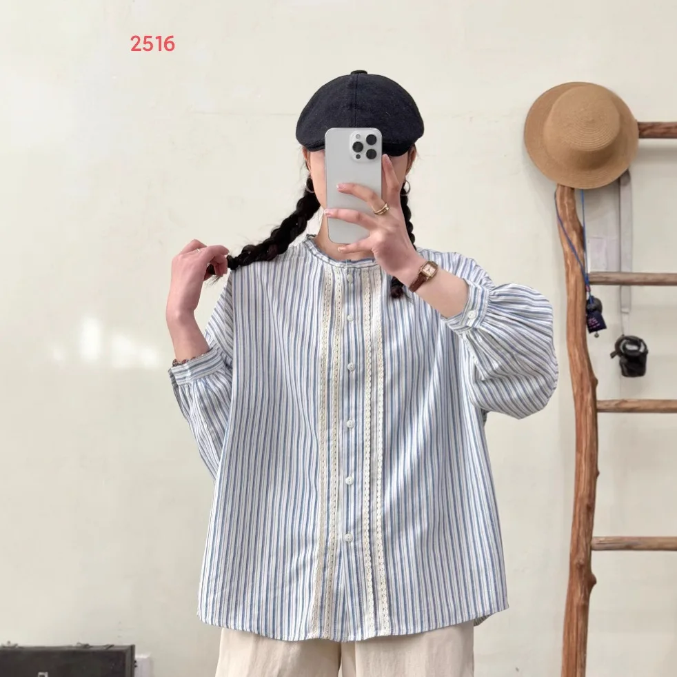 

[Ready Stock] High Quality Women 100% Cotton Blouse Shirt Sweet Lace Stand-Up Collar Striped Age Reducing Casual Spring Tops