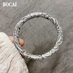 BOCAI Real S999 Silver Jewelry Retro Ethnic Style Carved Three-Dimensional Peony Flowers Men and Women Bracelets Birthday Gift