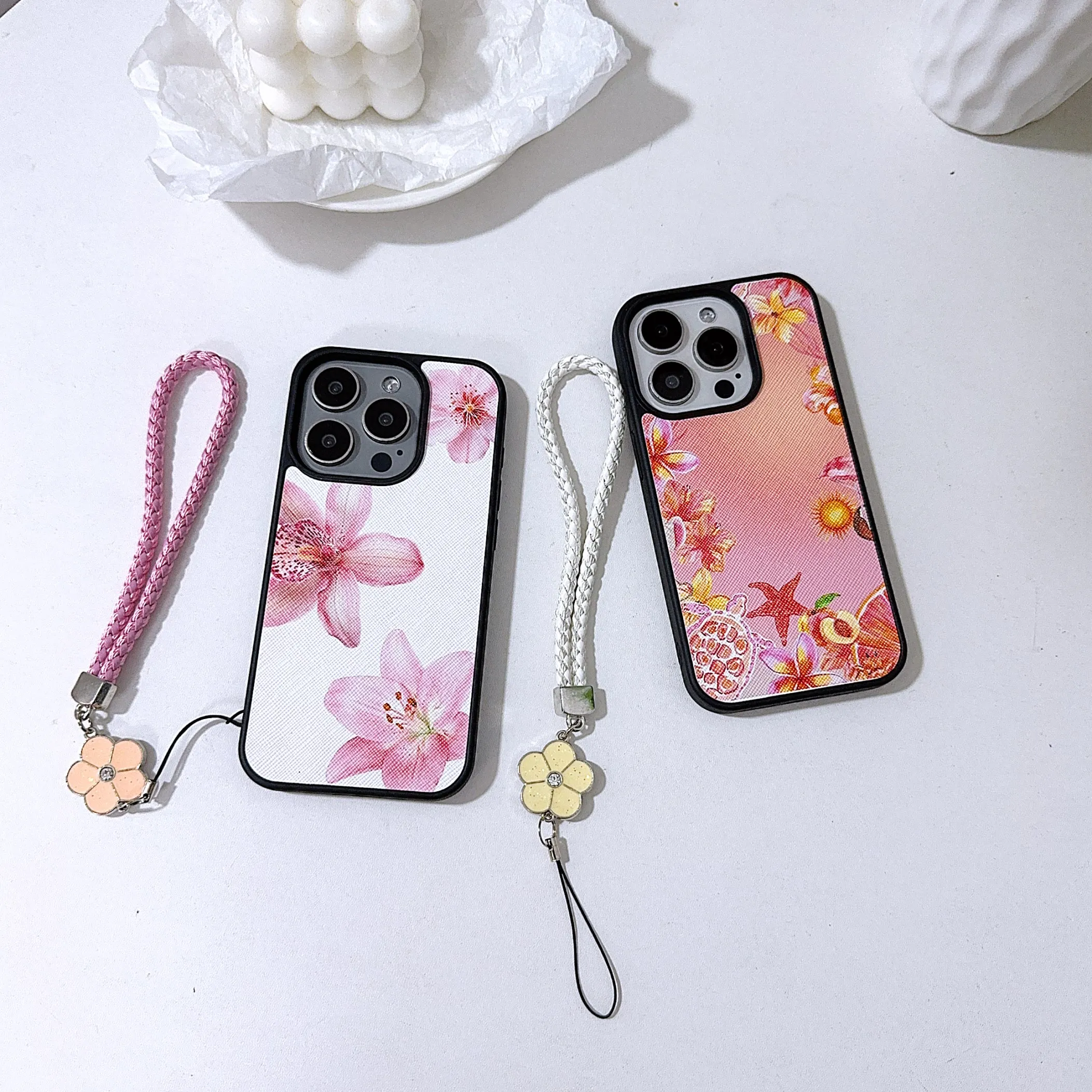 

Five-leaf flower woven lanyard PU leather Case for iPhone 17 16 15 14 Phone Cover 17 13 12 11 Pro MAX Hard Shockproof Back Funda