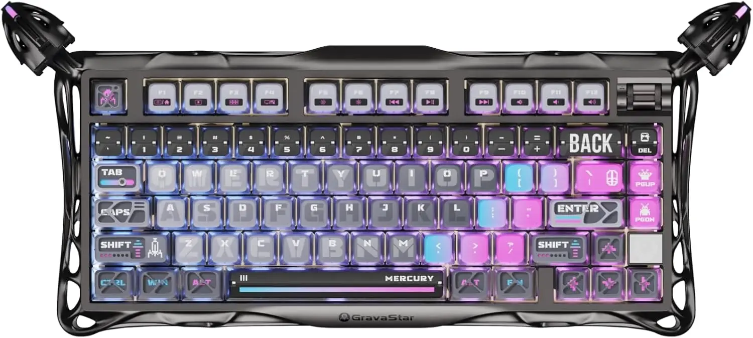 

Беспроводная механическая игровая клавиатура RGB (75%), с возможностью горячей замены линейных переключателей, глянцевая рамка с гальваническим покрытием – в стиле киберпанк