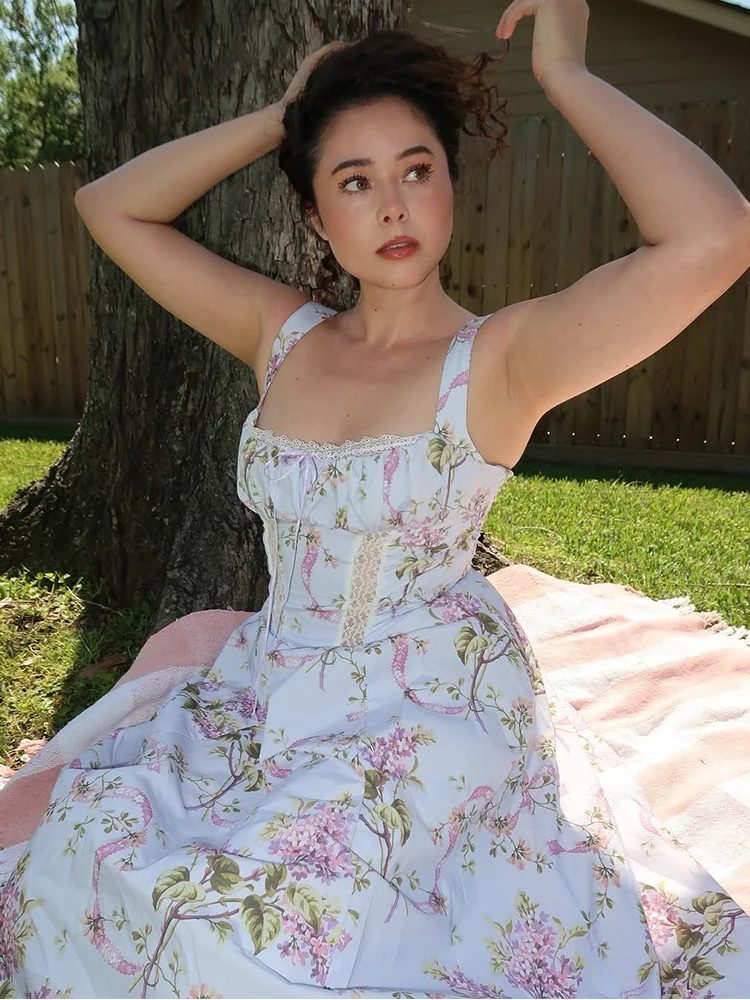 الدانتيل ديكور الصيف فستان المرأة الأزهار المطبوعة ميدي فستان الحفلات أنيقة ريترو بوهو فساتين Vinatge ألف خط الشاطئ Vestidos 2025