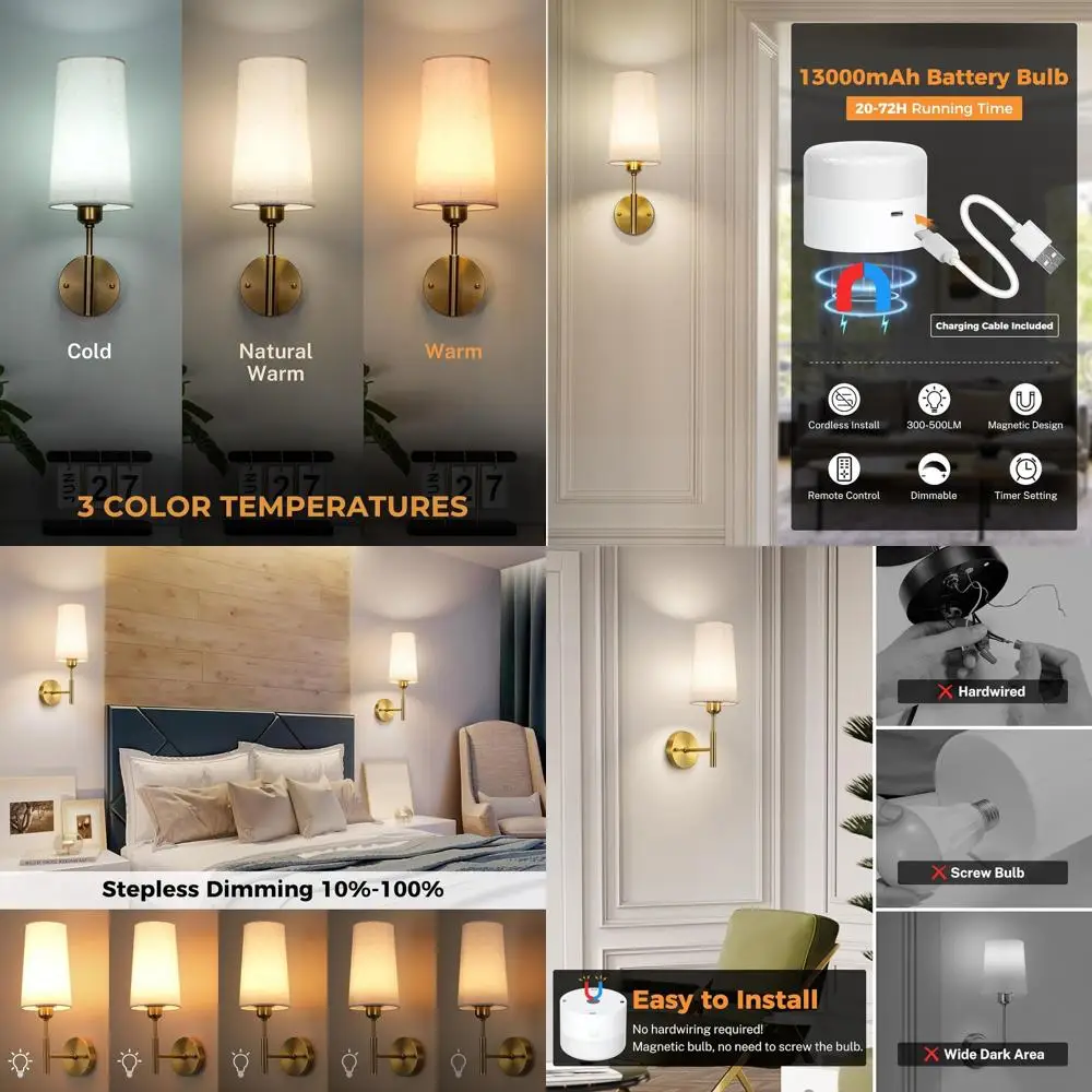 

Набор из 2 настенных бра с перезаряжаемой батареей, 13000 мАч, золотые для спальни