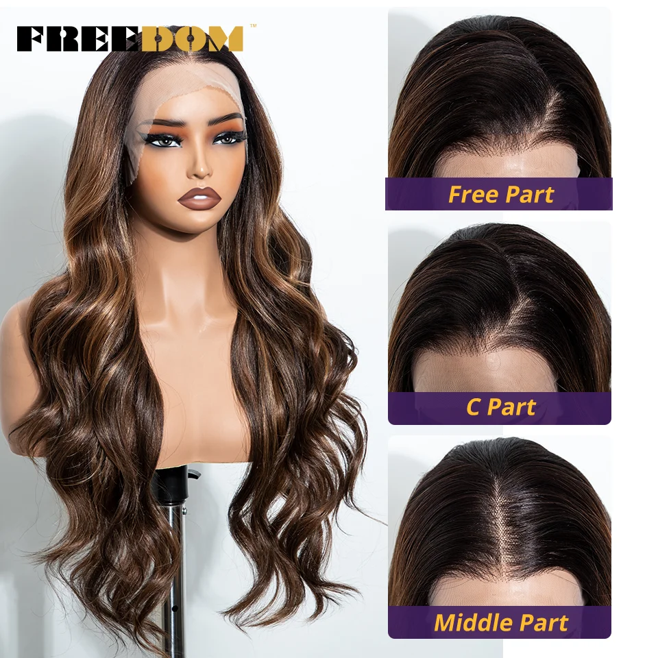FREEDOM 13x4 Synthetische Lace-Front-Perücken für Damen, 26 Zoll, Body Wave, mit freiem Scheitel, natürliche, vorgezupfte Lace-Front-Perücke für den täglichen Gebrauch – Detail 3