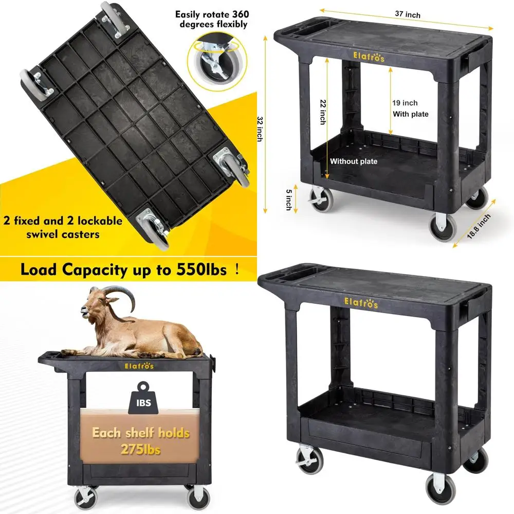 Sturdy 2-Tier Plastic Utility Cart, 37x18.8 Flat Top, 550 lbs Capacity, Swivel Wheels for Warehouse & Garage Use