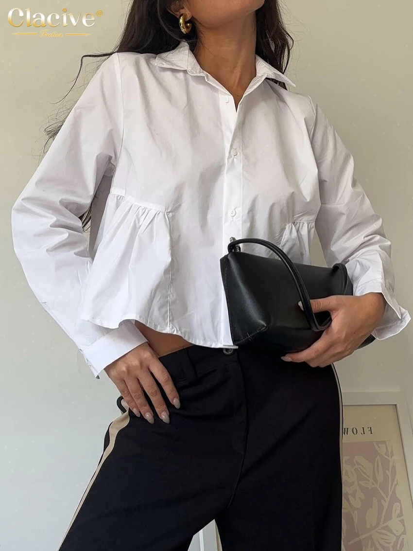 Clacive Fashion Loose White Women's Shirt 2025 Casual Stand Collar Long Sleeve Shirt Elegant Classic Lace-Up Top Female Clothing