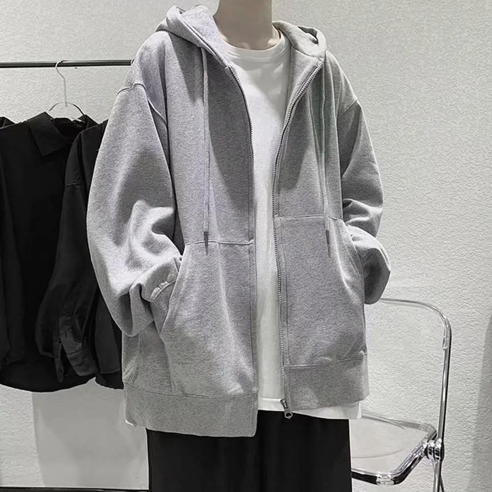 Men Hoodie Drawstring Loose Zip-up Pockets Hooded Sweatshirt Cardigan Coat Thin Grey Color Sports Hoodie Casual Style Sweatshirt