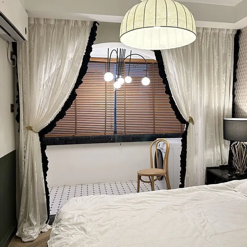 Custom Black and White Velvet Ruffle Heavy Embossed Curtain Sheer Style Hepburn Style French Retro Semi-Transparent Dream