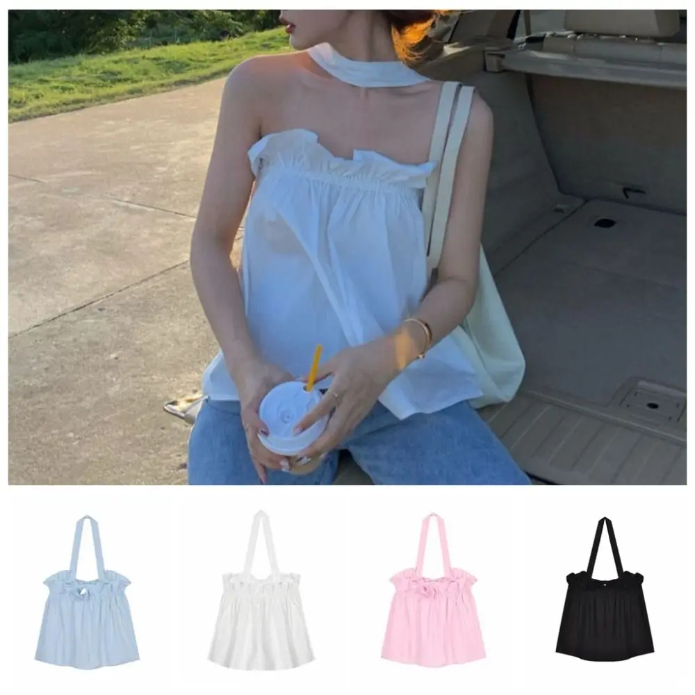 Moda plissado halter sem mangas camisola plissado doce magro colheita topos picante menina verão suspender colete feminino menina