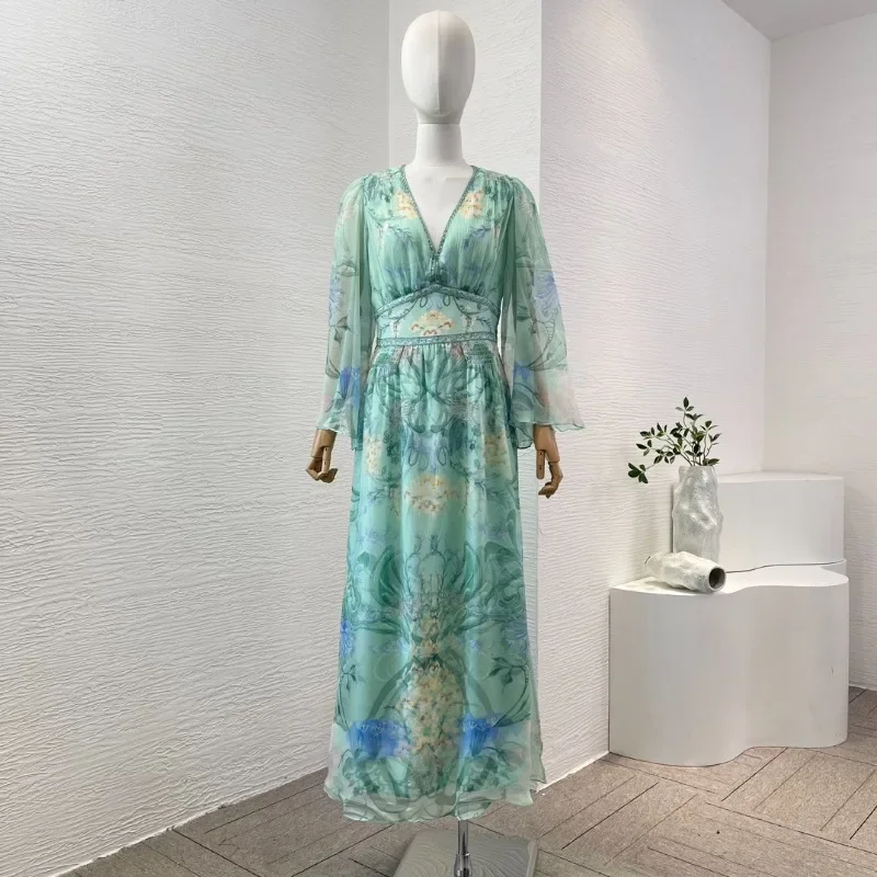 

Women Green Floral Print Long Sleeve High Quality Deep V Neck Diamonds Maxi Dresses 2025 Silk