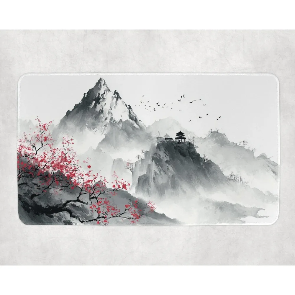 Mountain Playmat Sumi E Ink Wash Peaks Red Blossom Landscape Commander EDH Trading Card Game Mat TCG pc accessories