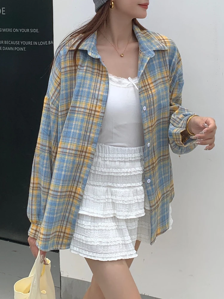 

2024 New Fashion Autumn Shirt Women's Clothing Vintage Style Brushed Long Sleeved Checkered Blouse Loose Versatile Jacket Casual