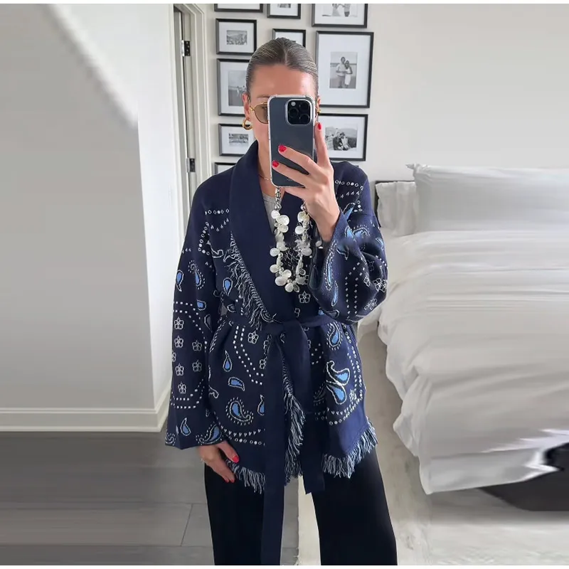 Knitted Jacquard Tassels Patchwork Cardigans Women Sweaters Long Sleeve V-neck Thicken Vacation Sweater 2025 Autumn Coats Tops