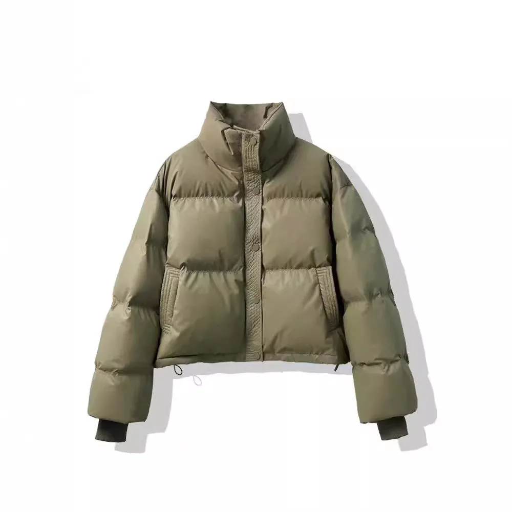 Women Puffer Coats Stand Collar Long Sleeve Parkas Solid Jackets Thick Warm Y2k Streetwear Casual Coat Drawstring Hem Outerwear