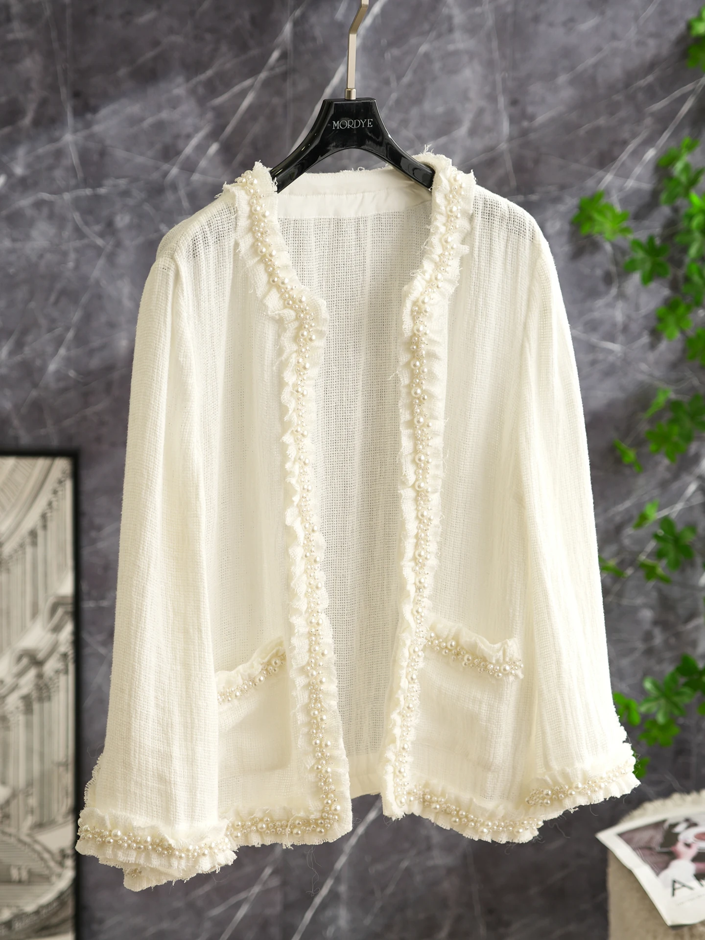 

Linen 100% White Shirt Coat Pearl Decorated Oversized Original Design Women's Fashion Summer 2026 Open Cardigan