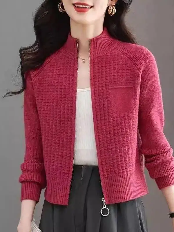 

Spring Autumn Zipper Stand Collar Loose Fit Color Versatile Knitted Sweater High Waist Fashionable Outerwear Trendy Car...