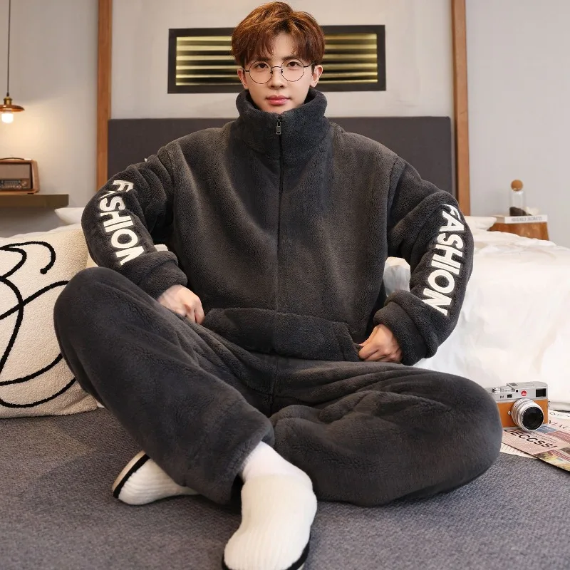 Men's Pajamas, Casual Coral Zipper, Warm Winter Fashion New Large-sized, Loose and Thickened Outdoor Home Wear Set for Teenagers