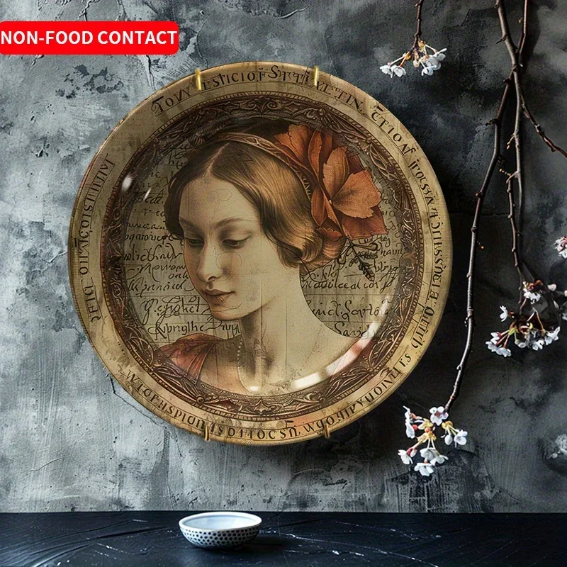 1pc Hand-Painted Bohemian Ceramic Wall Plate - Round Decorative Plate with Elegant Script & Floral Art, Non- Wall Decor