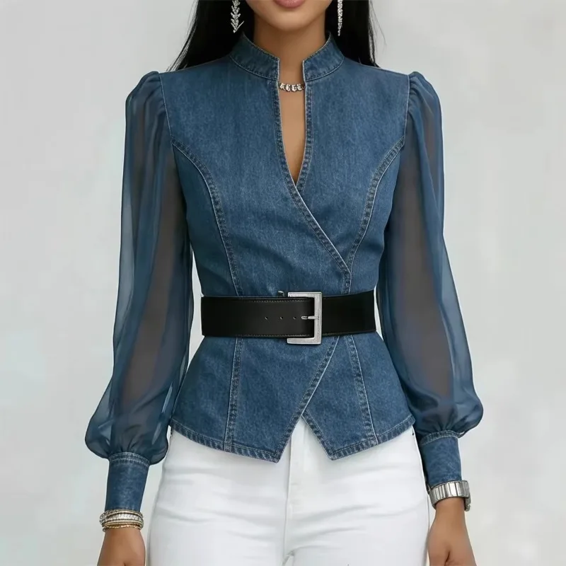 Women's Vintage  Denim Shirt Top 2026 Spring V-Neck Patchwork Sheer Sleeves Blouse Office Casual Streetwear Chic Blouse