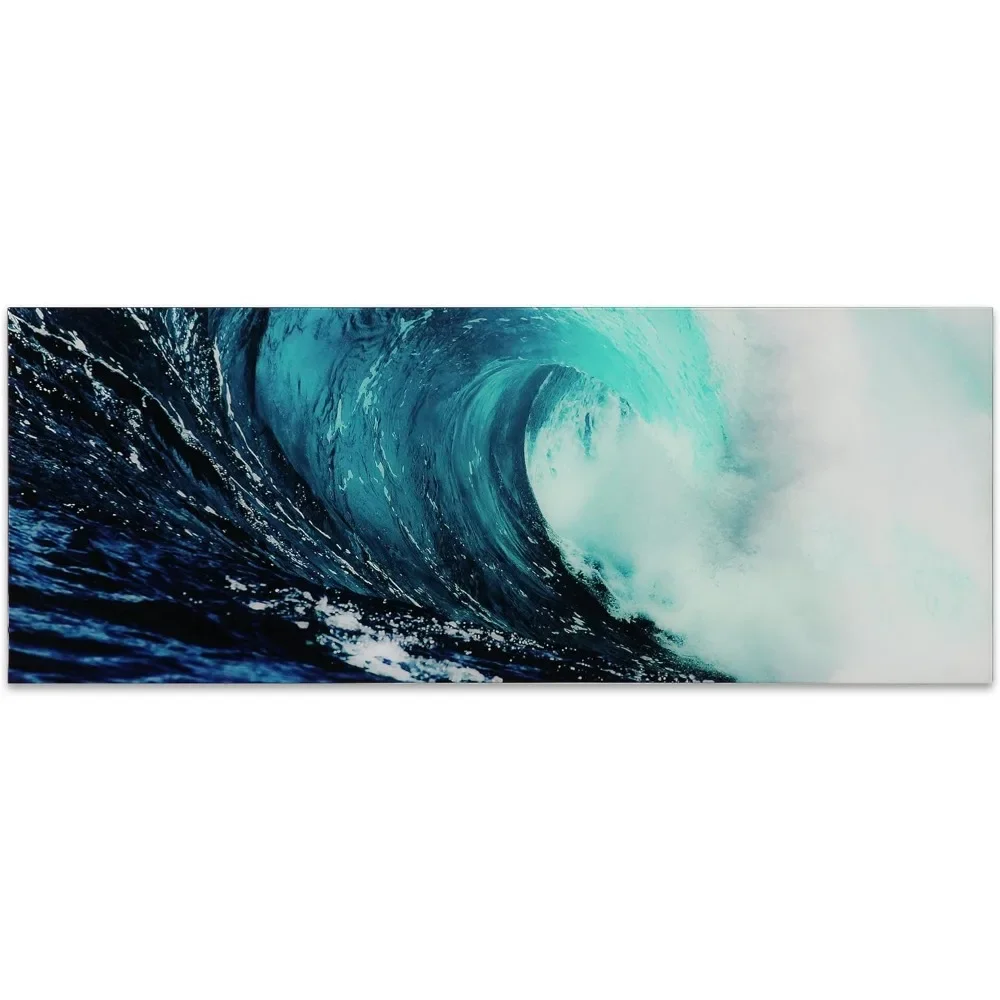 Home Decor Frameless Free Floating Tempered Glass Panel Graphic Wall Art, Ready to Hang Blue Wave 2 Decorative Paintings