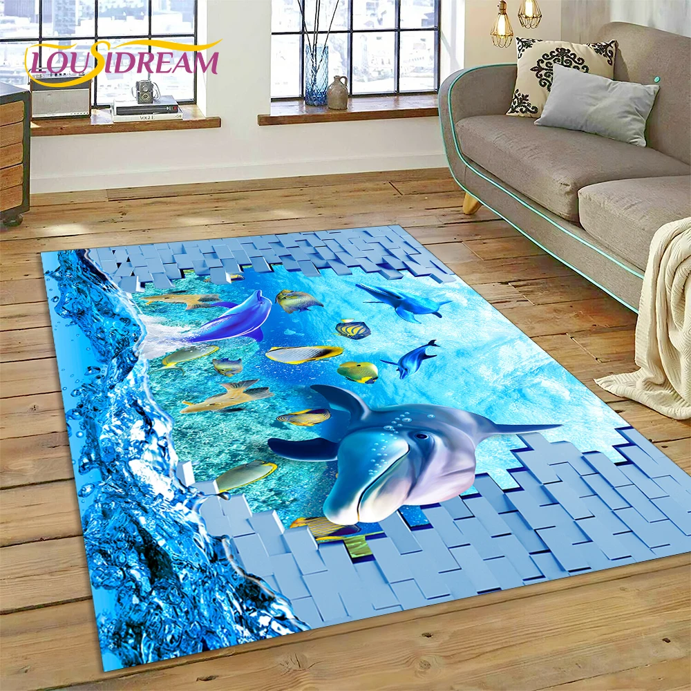 3D Illusion Underwater World Seabed Shark Dolphin Cartoon Carpet Rug for Bedroom Living Room Sofa Decoration,Kid Decor Floor Mat