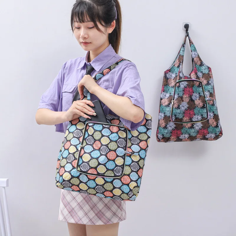 Women Shipping Bag Foldable Flower Design Handbag Durable Large Capacity Travel Grocery Bag Beautiful Tote Pouch Case with Snaps