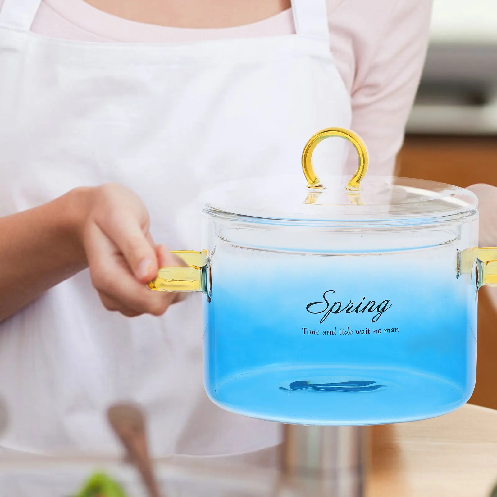 

1500ml Glass Saucepan with Cover Heat-Resistant Borosilicate Stew Pot for Soup Milk Noodles Double Handle Design