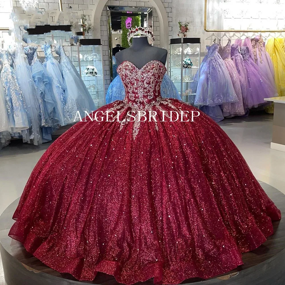 Angelsbridep brilhante borgonha vestidos quinceanera com capa vestido de baile contas festa princesa doce 16 vestido tule rendas personalizado