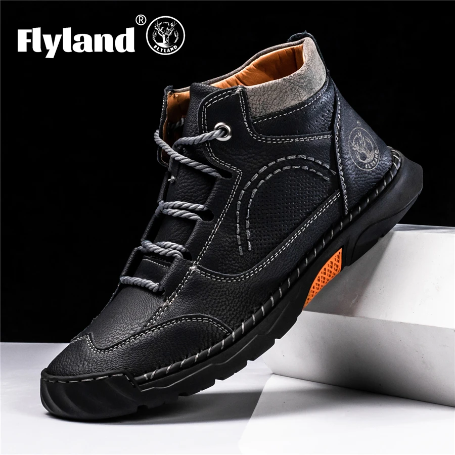 FLYLAND Men\'s Classical Vintage Soft Skin-friendly Feeling Frosted Genuine Leather Business Ankle Boots Handmade Casual Boots