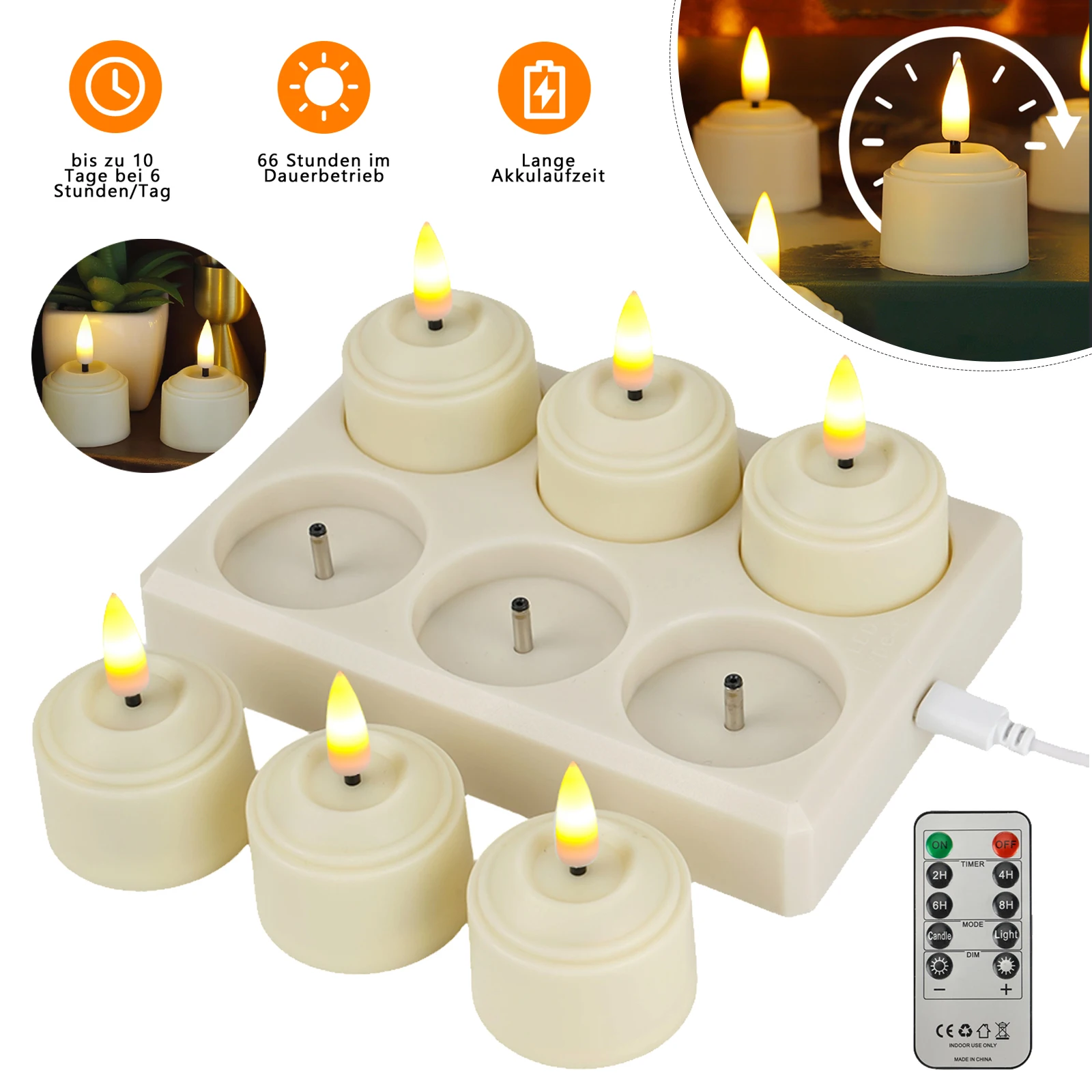 6er-Pack Wiederaufladbare LED Flammenlose Kerzen Set, Ausgestattet mit Fernbedienung und Ladestation, Warme Dekorationslichter für Schlafzimmer, Küche und Esszimmer Heimdekoration