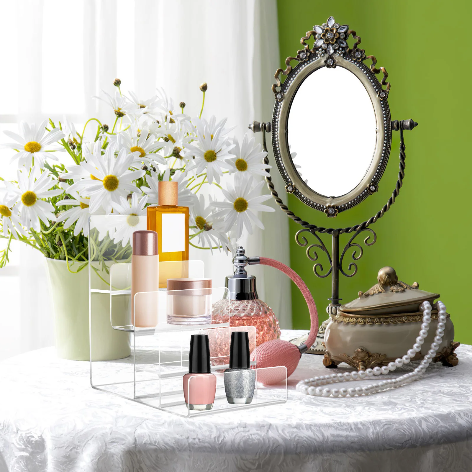 

Multipurpose Clear Acrylic Riser Display Shelf 4 Layer Stable Structure for Jewelry Purses Sunglasses Home Shop Window