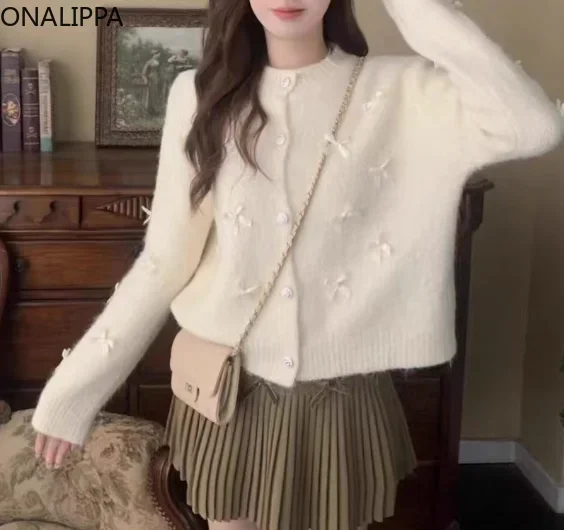 Onalippa Gentle Wind Bows Knitted Cardigan Women Sweet Single Breasted Loose Cardigans Korean Chic Design Kawaii Sweater