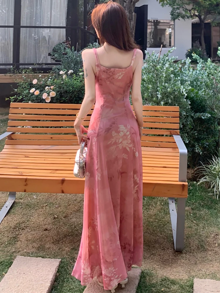 2025 Roze Mesh Bloemen Sexy Sling Lange Jurk Zomer Elegante Casual Vakantie Jurk Vrouwen Nieuwe Koreaanse Mode Bodycon Een Stuk Jurk