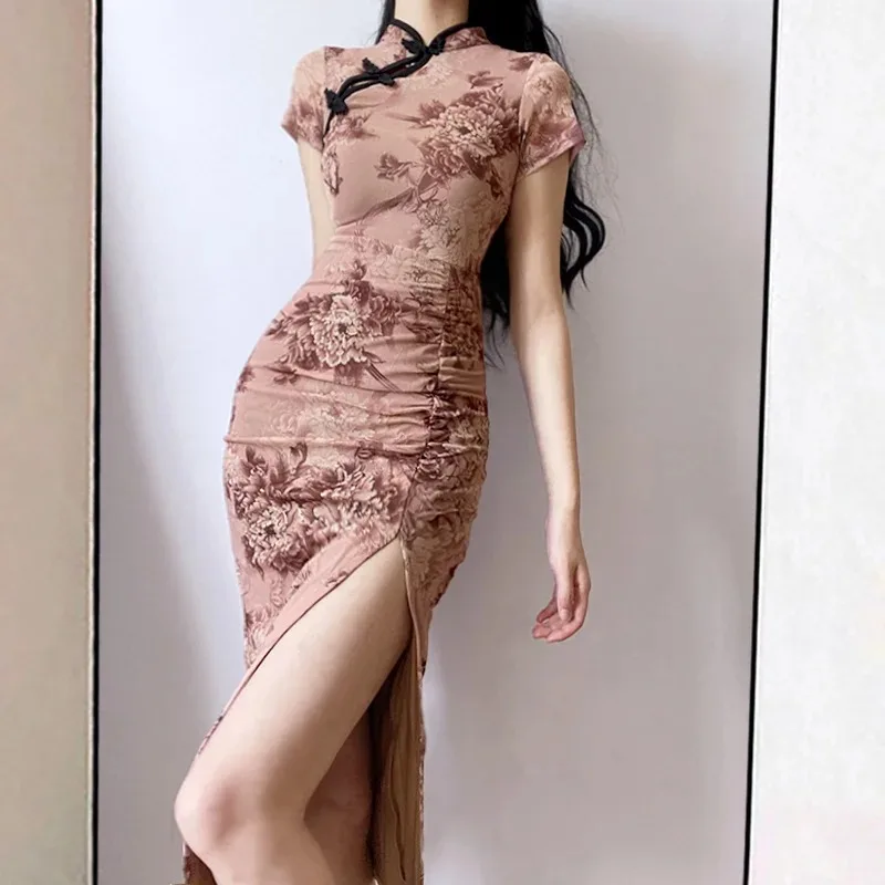 Retro Cheongsam Summer High Slim Elegant Flower Long Maxi Dress Hot Sexy Korean Women Tops 2024 Robe Sweet