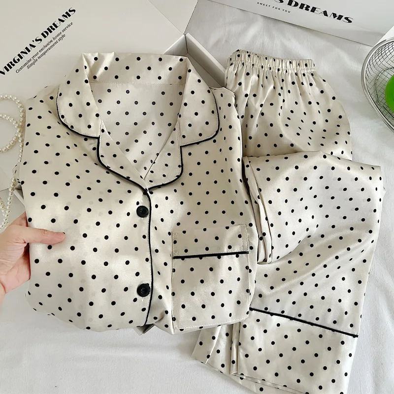 

Autumn New Women's Pajamas Loungewear Simple Senior Polka Dots Ins Wind Long-Sleeved Ice Silk Pajamas Loungewear Suit Actual Sui