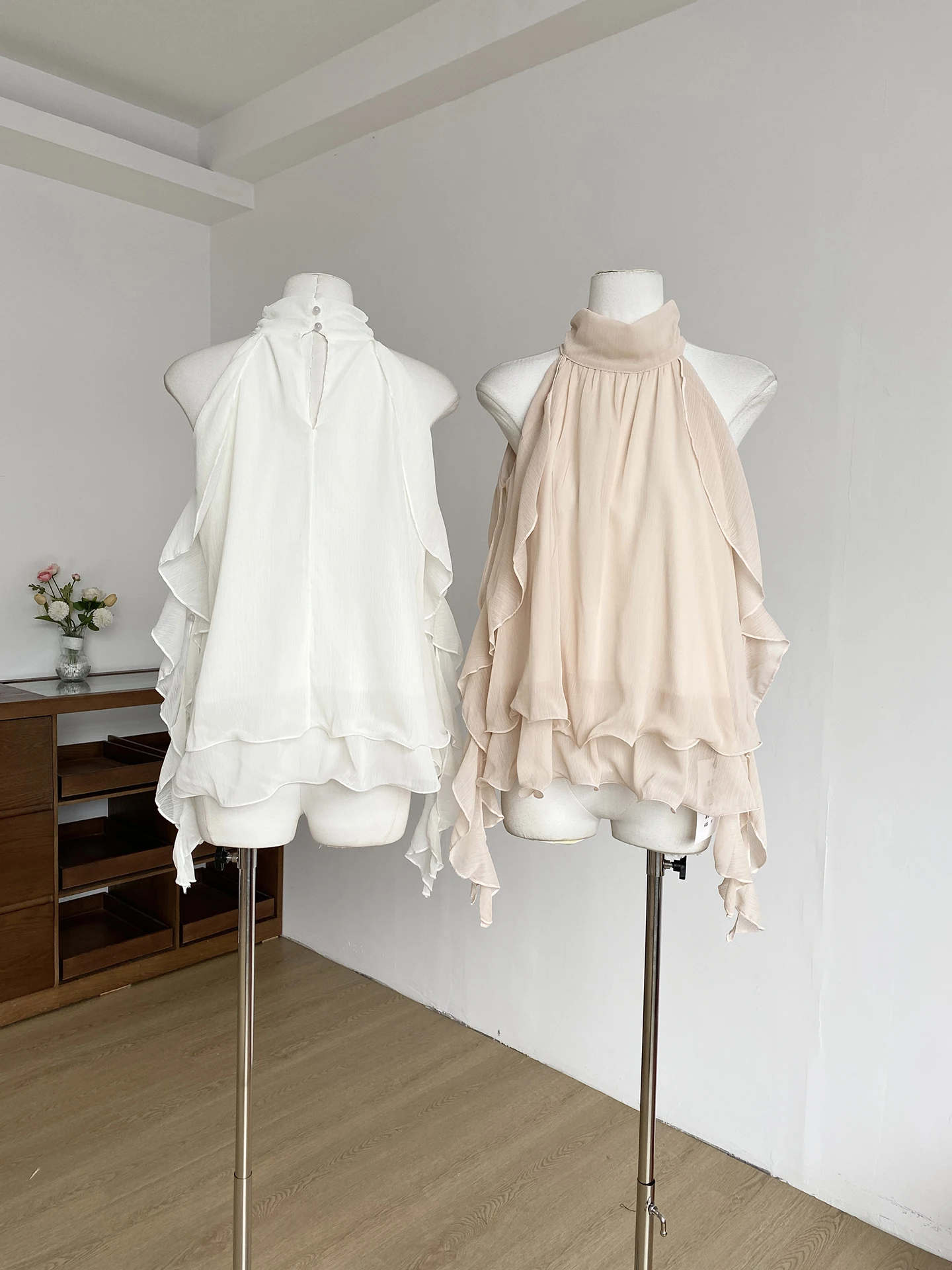 DIYI Gentle Mist Women's Off-Shoulder Chiffon Top Neck Hanging Summer Wave Skirt Bottoming Soft Fish Thread Wave Hemline